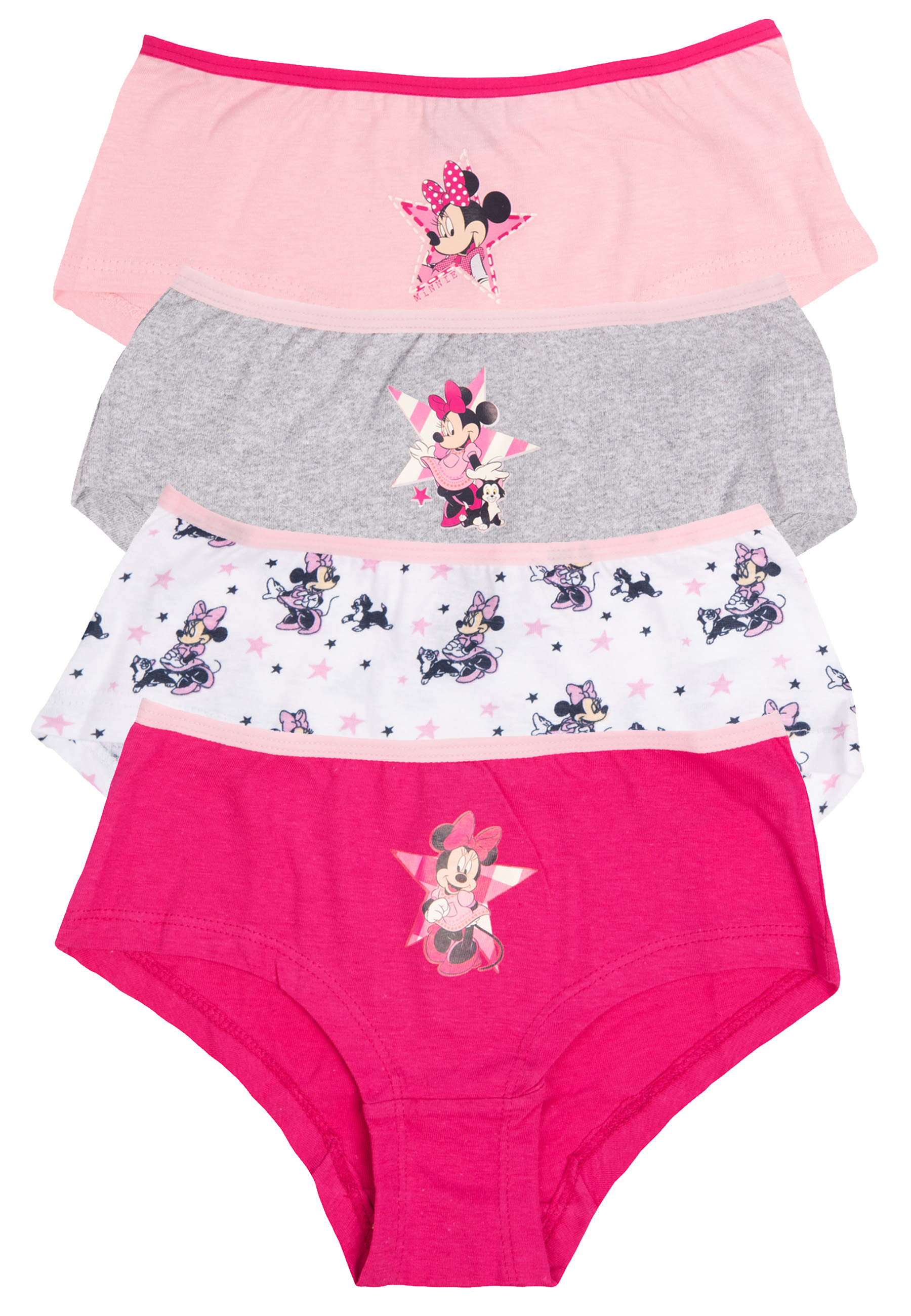Vier Mädchenunterhosen mit Minnie-Maus-Aufdruck in Rosa, Grau und Weiß.