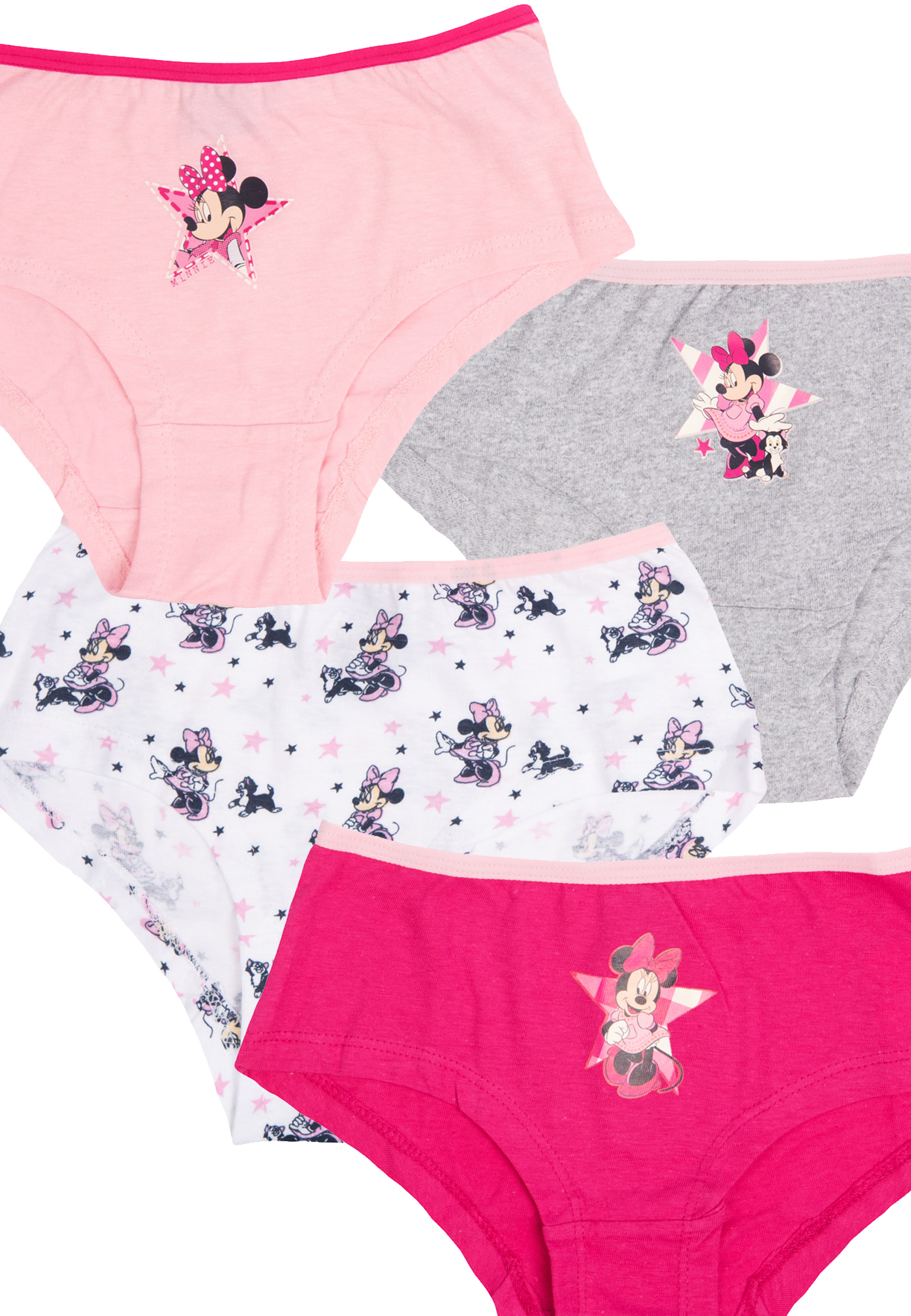 Mehrere Unterhosen mit Minnie Maus Aufdruck in Rosa, Grau und Weiß mit Sternen.