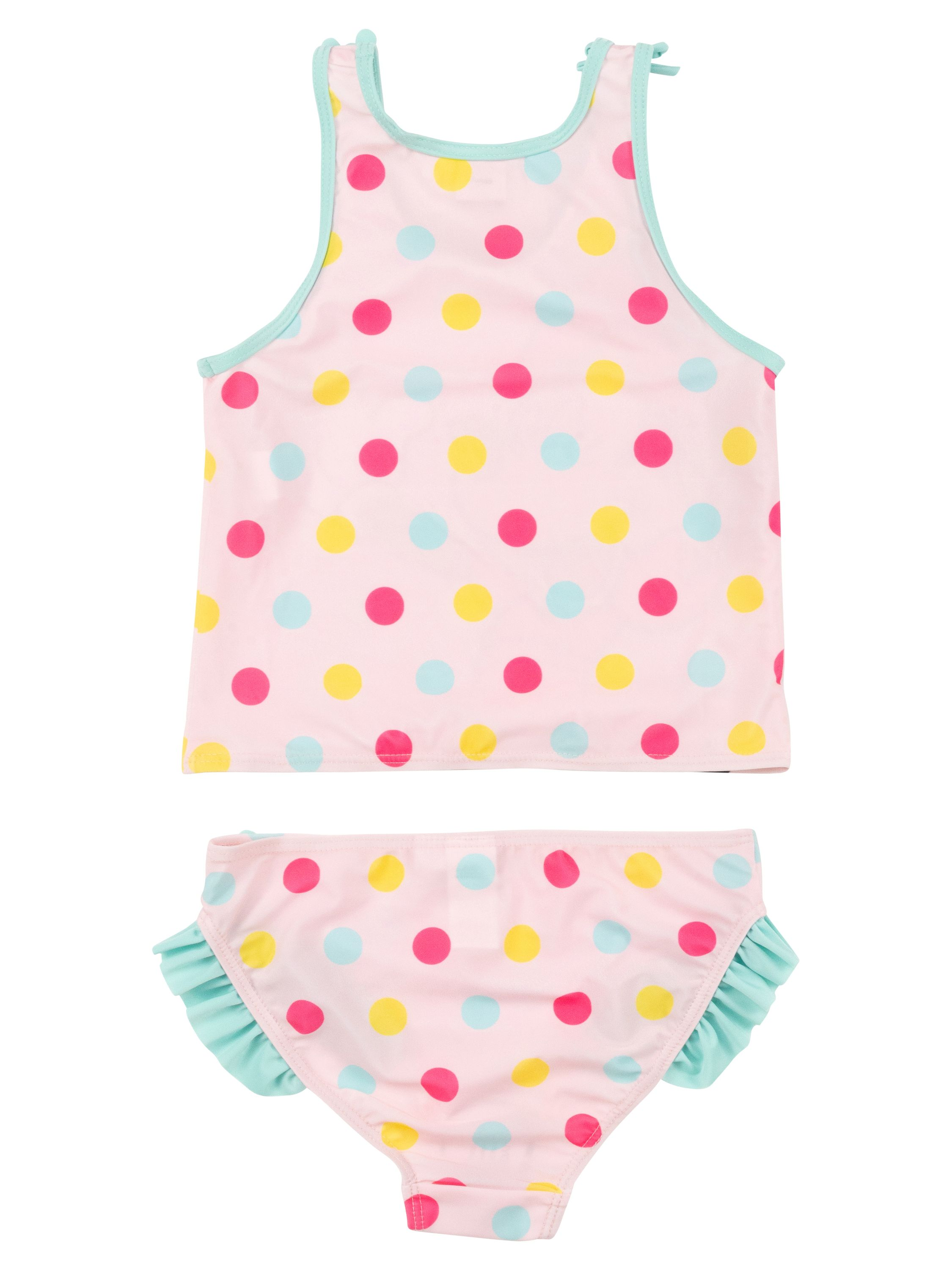 Ein rosafarbenes Bikini-Set mit rosa, gelben und hellblauen Punkten und mintgrünen Akzenten.