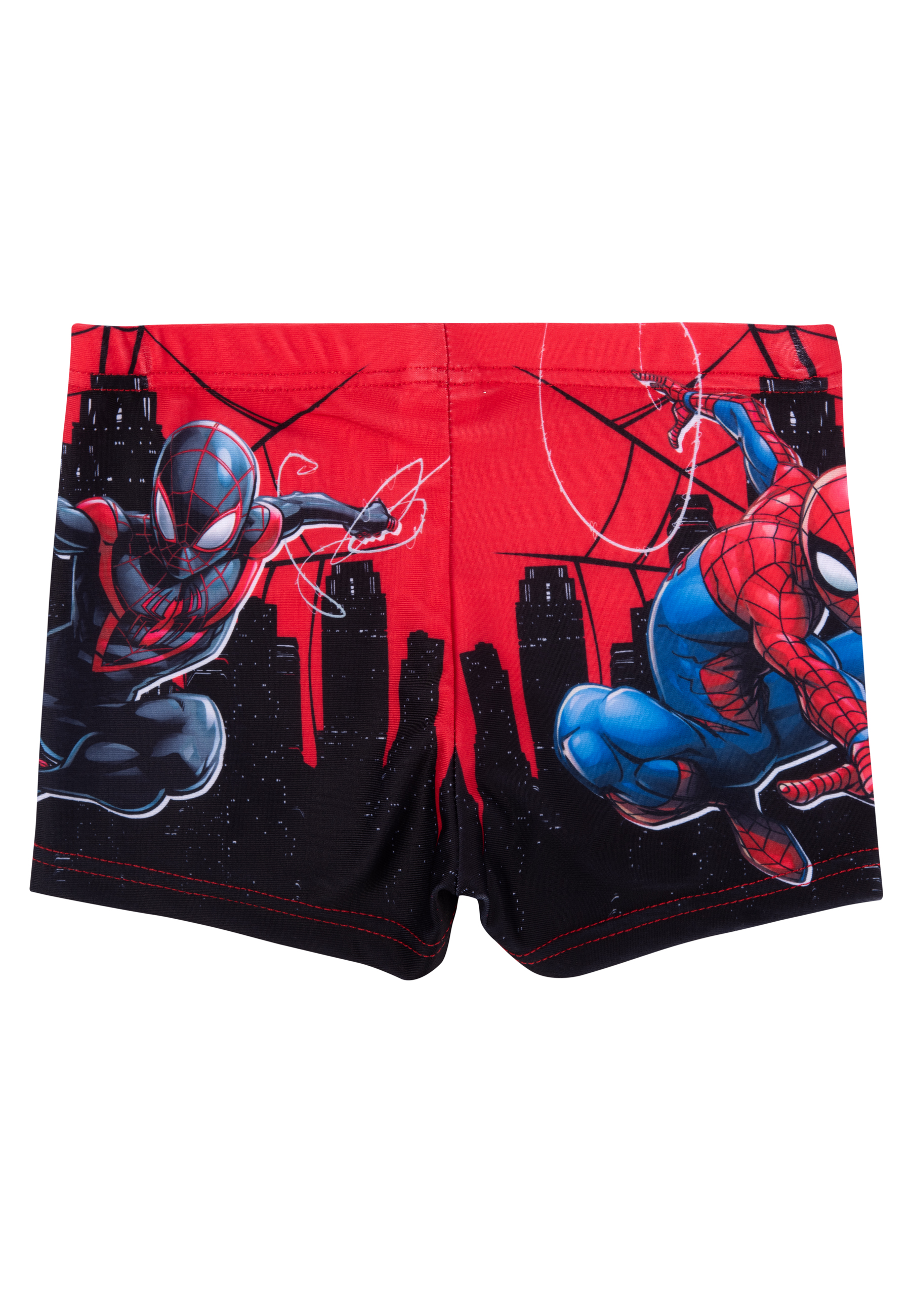 Badehose mit Miles Morales und Spider-Man vor einer Stadtkulisse.