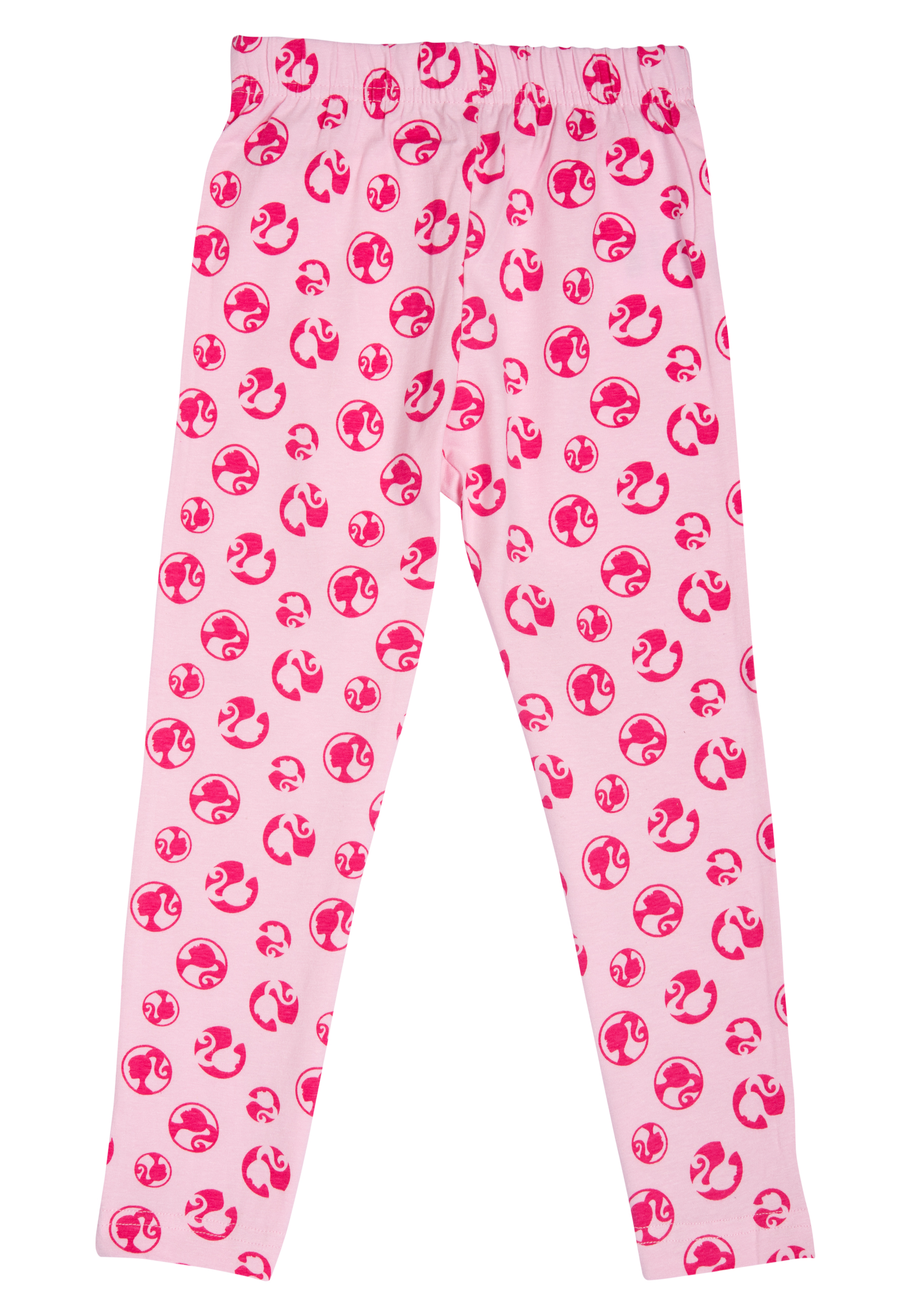 Eine rosafarbene Hose mit Barbie-Logos.