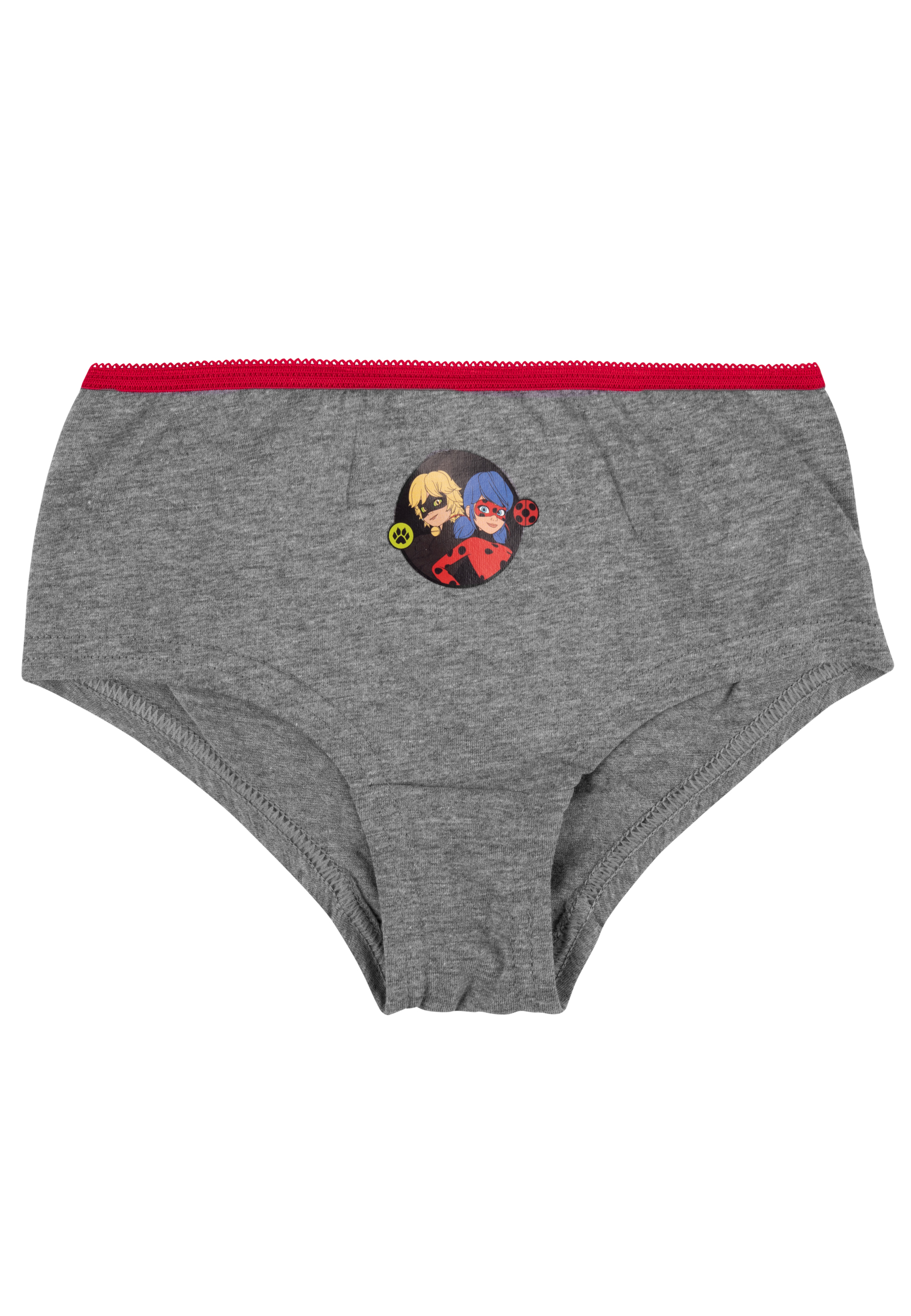 Graue Unterhose mit rotem Spitzenbund und Miraculous-Aufdruck.