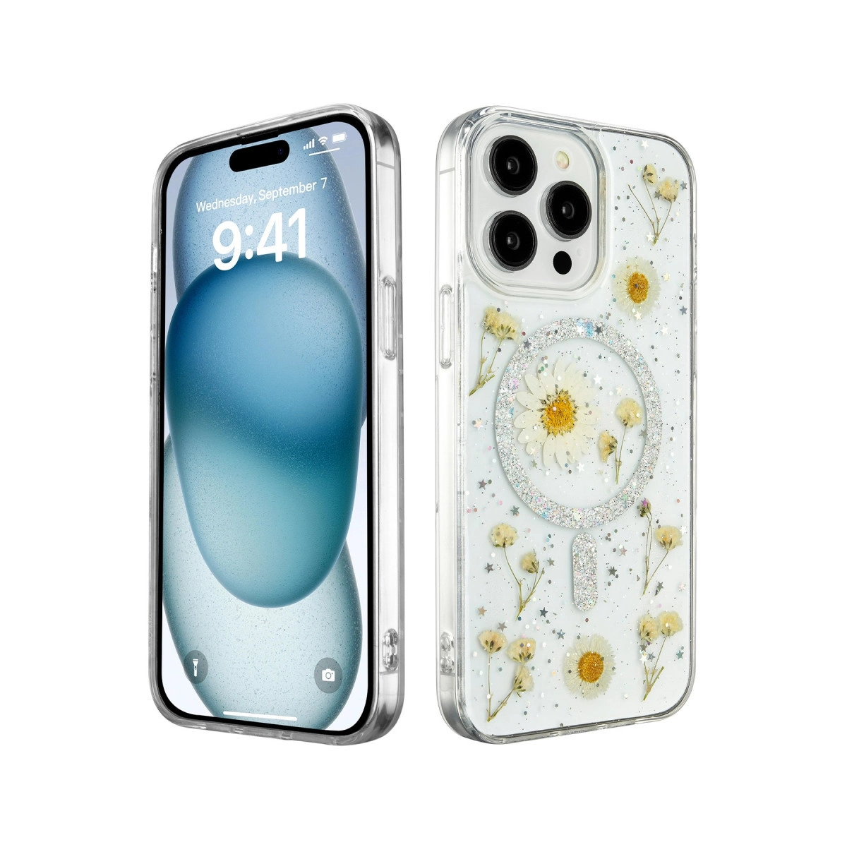 Gerçek çiçekli ve simli iPhone kılıfı. Solda kilit ekranlı iPhone.