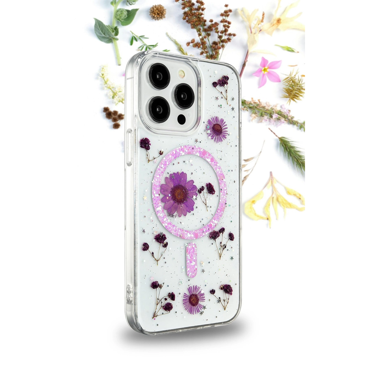 Kurutulmuş mor çiçekler ve sim içeren şeffaf telefon kılıfı.