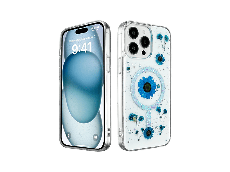NEWFACE iPhone 15 Pro Uyumlu Daisy Simli Magsafe Telefon Kılıfı Mavi