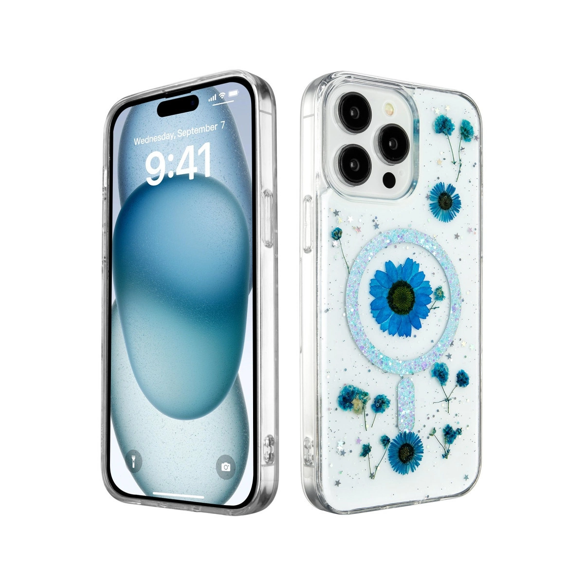 NEWFACE iPhone 15 Pro Max Uyumlu Daisy Simli Magsafe Telefon Kılıfı Mavi