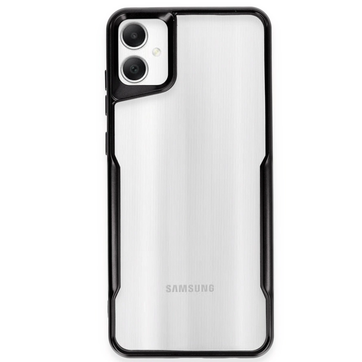 Siyah çerçeveli, şeffaf telefon kılıfı, kamera kesimi. Samsung logosu görünür.
