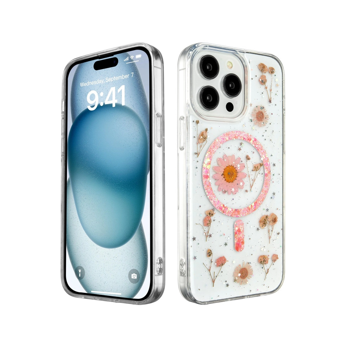 NEWFACE iPhone 15 Pro Max Uyumlu Daisy Simli Magsafe Telefon Kılıfı Pembe