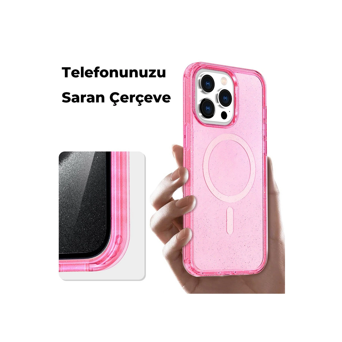 Bir el, şeffaf pembe simli telefon kılıfı tutuyor. Yakın çekim detay.