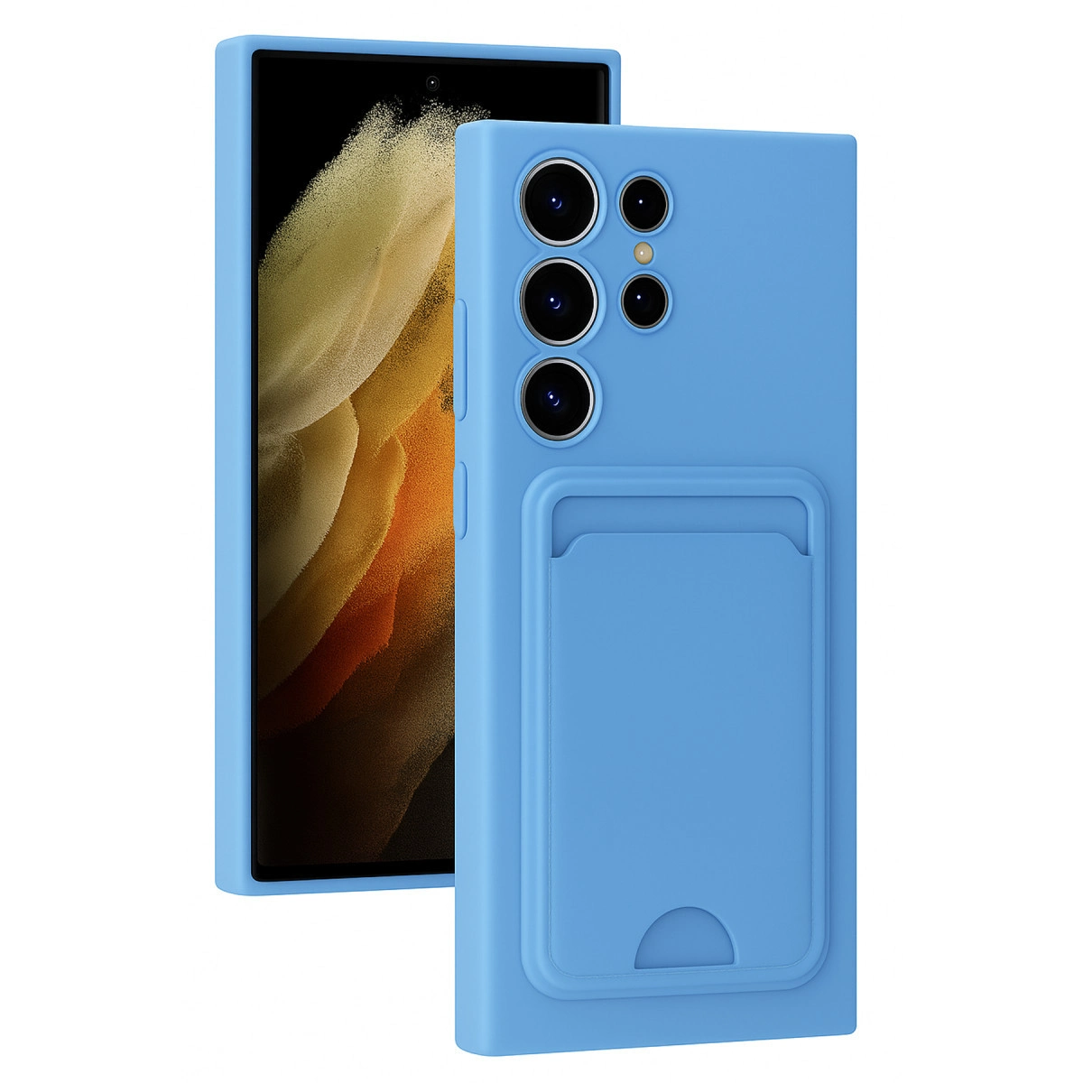 Kart yuvalı açık mavi telefon kılıfı, arkada telefon görünüyor.