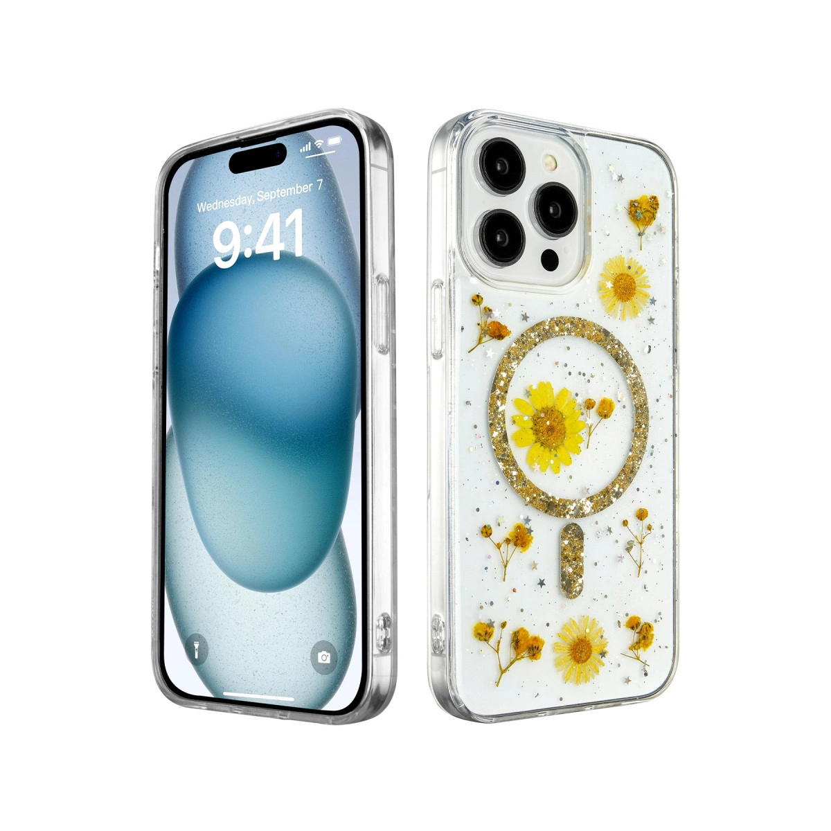 NEWFACE iPhone 14 Pro Max Uyumlu Daisy Simli Magsafe Telefon Kılıfı Gold