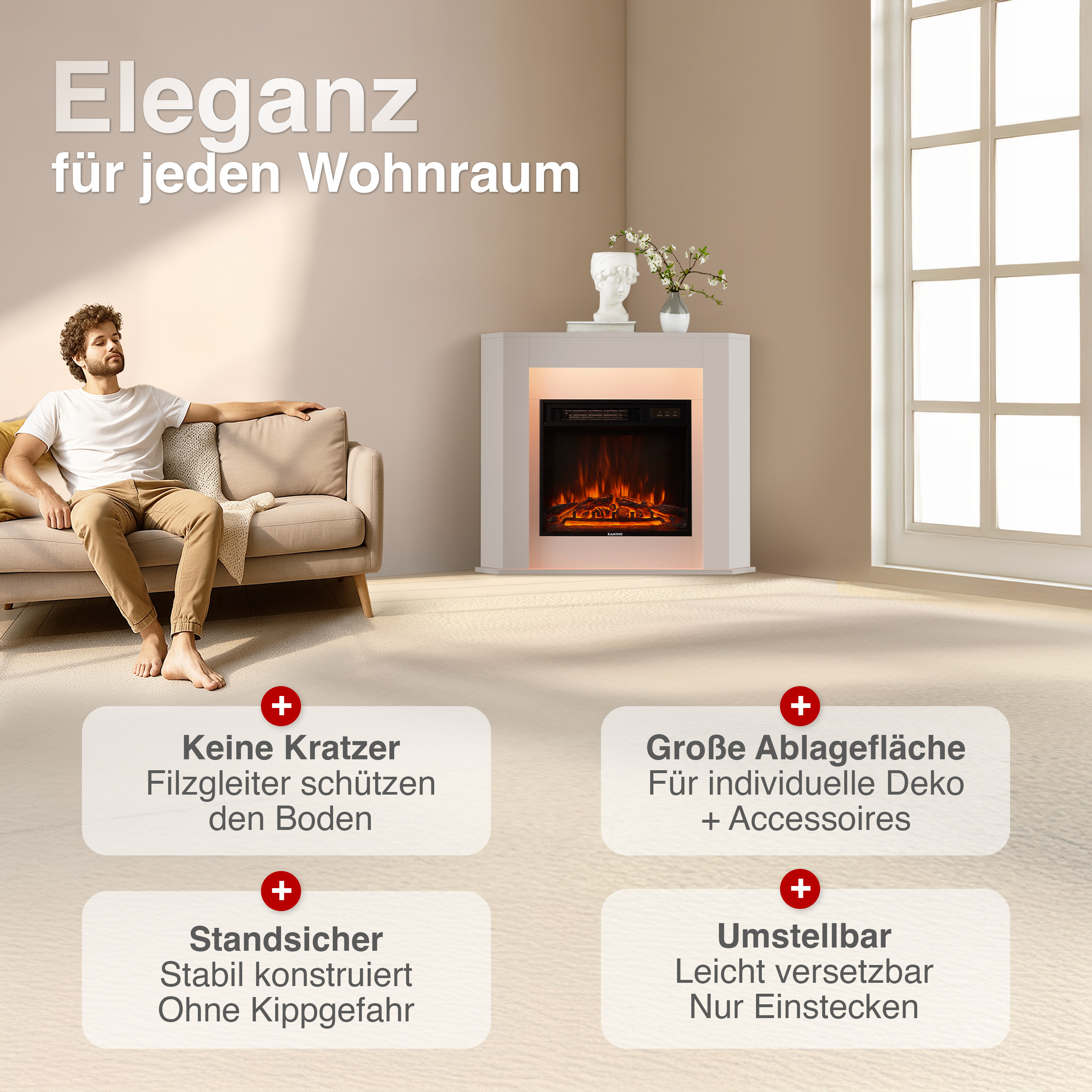 Ein Mann sitzt auf einem Sofa vor einem modernen Kamin. Text hebt Vorteile hervor.
