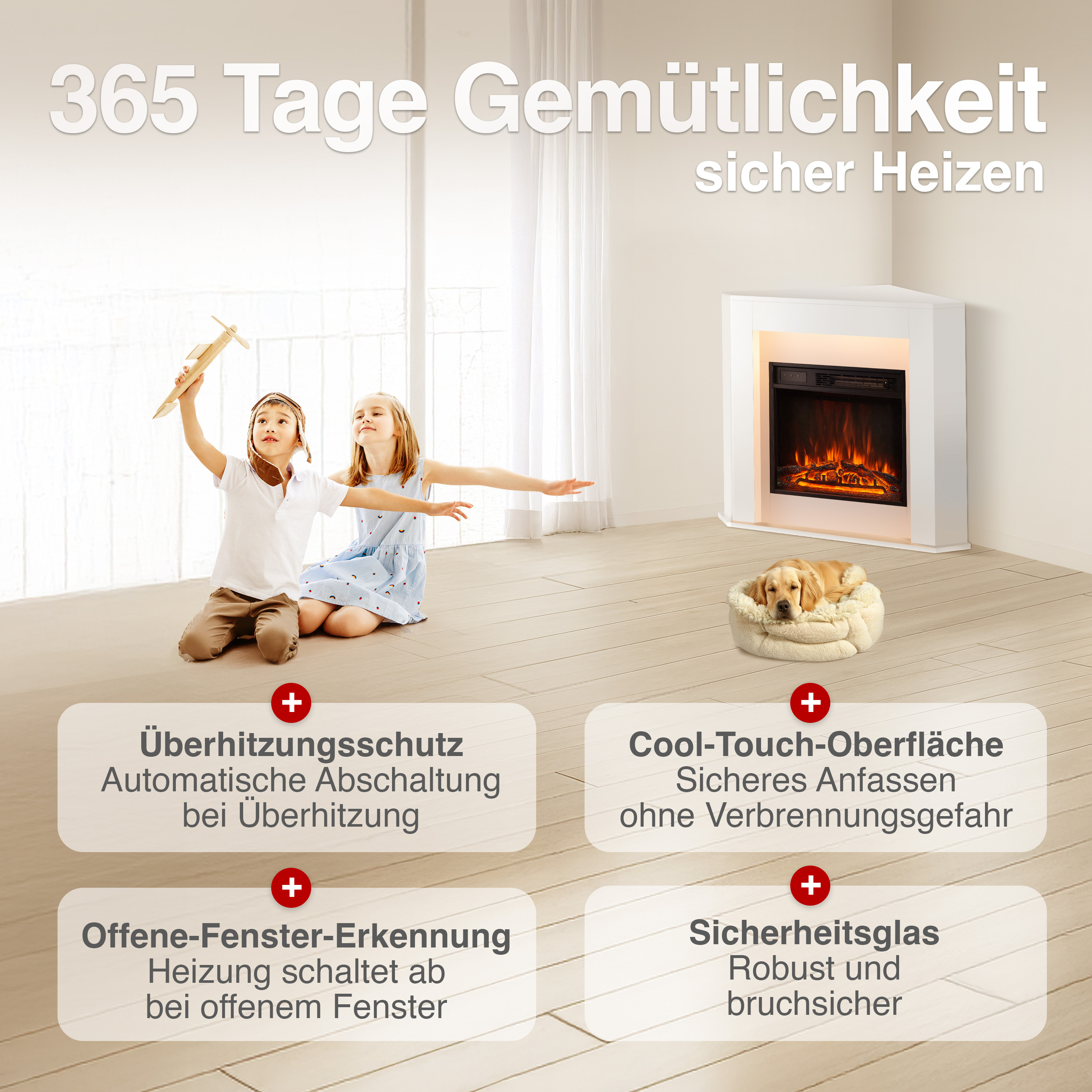 Kinder spielen mit Flugzeug vor Kamin und Hund. Text über Heizungssicherheit.