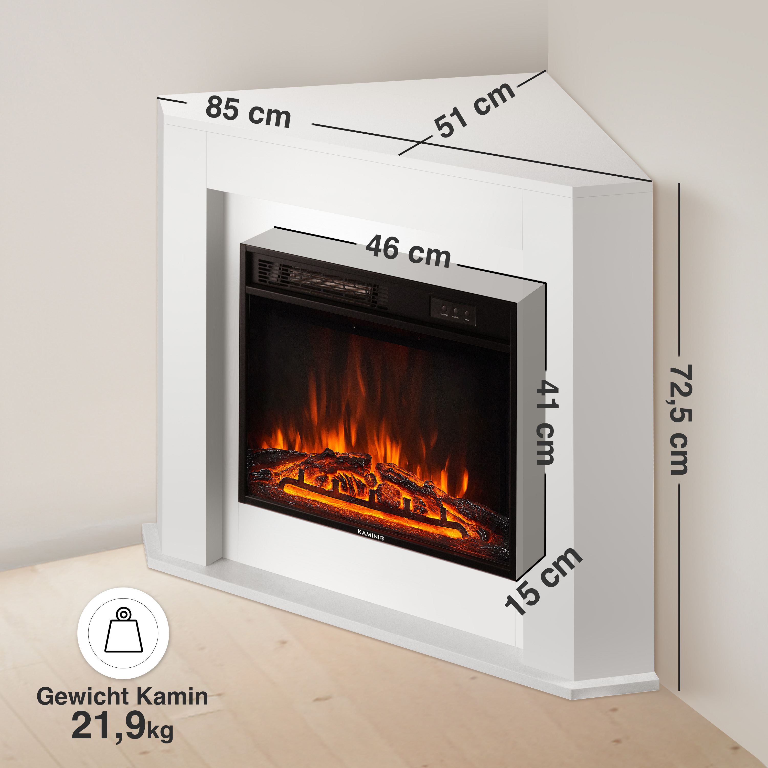 Ein weißer Eckkamin mit realistischer Flammenoptik. Maße sind angegeben.
