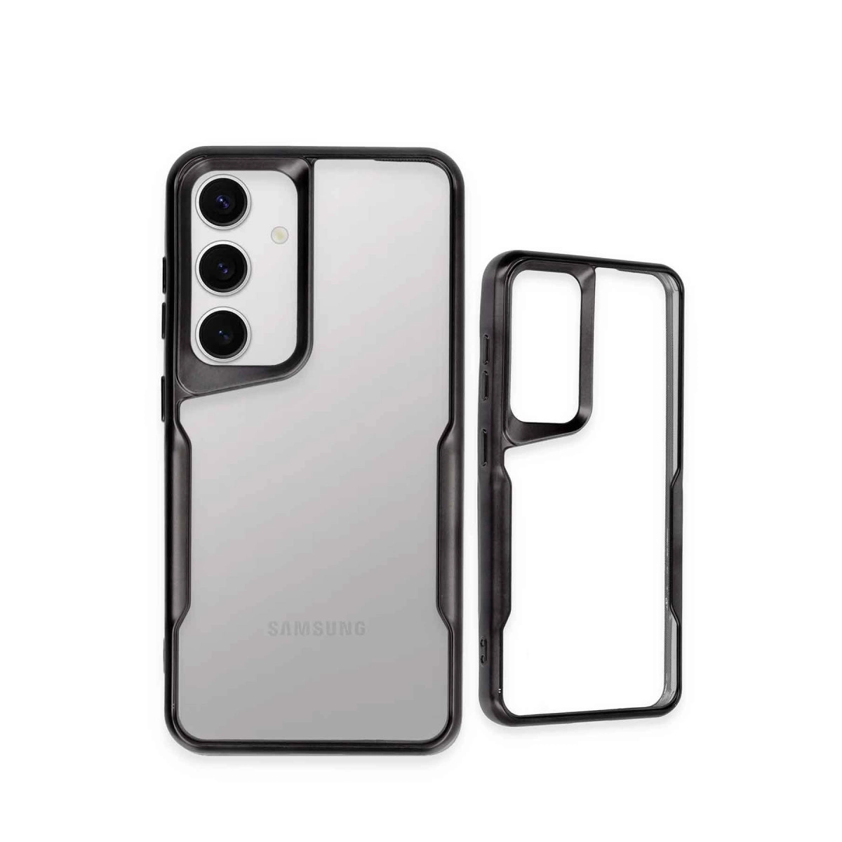 Siyah bir telefon kılıfı, bir akıllı telefonun yanında duruyor.