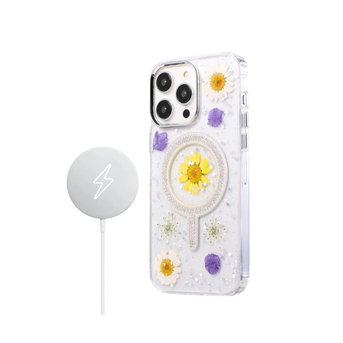Gerçek çiçekli şeffaf telefon kılıfı ve beyaz şarj cihazı.