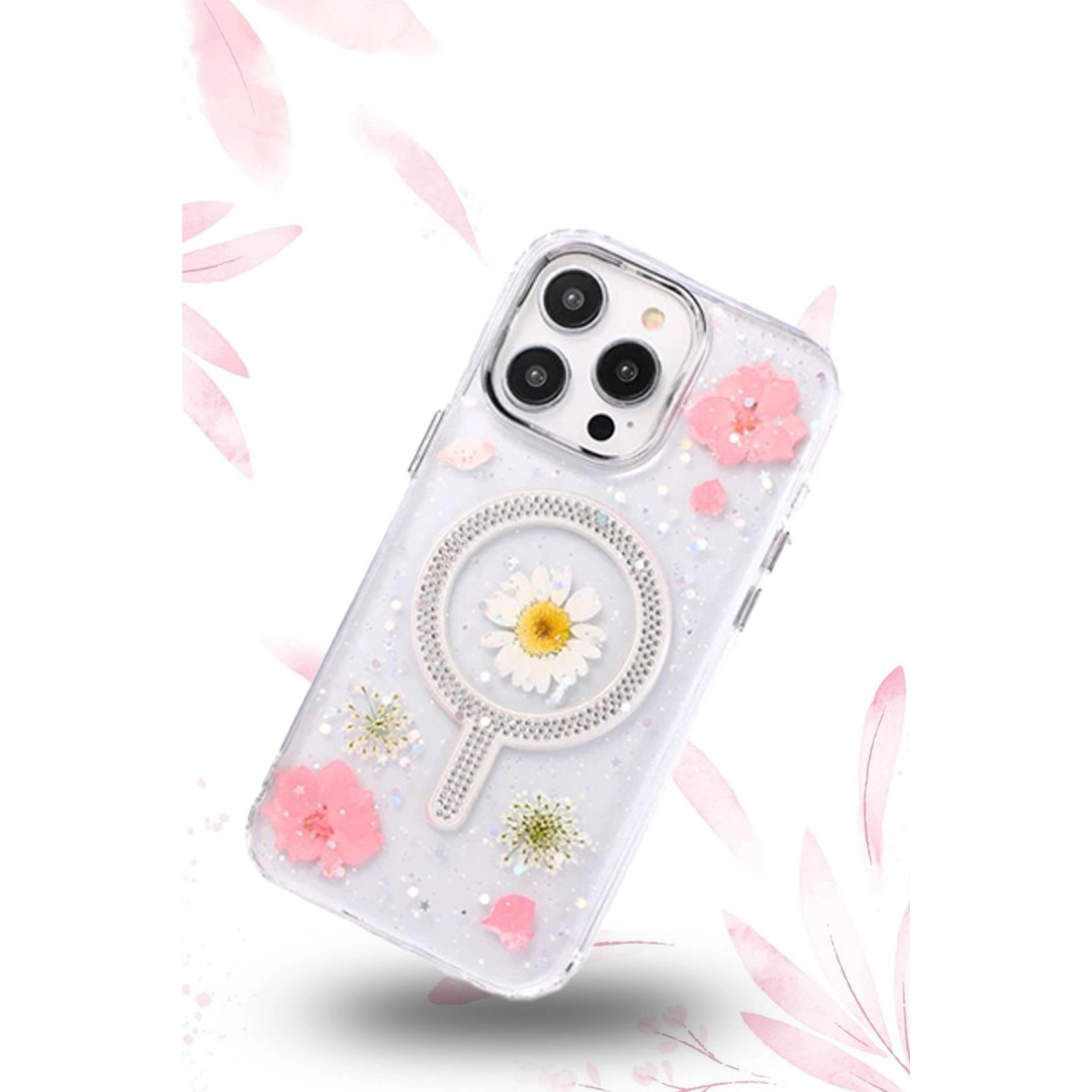 Şeffaf telefon kılıfı, pembe çiçekler ve beyaz papatya. Parıltılı detaylar.