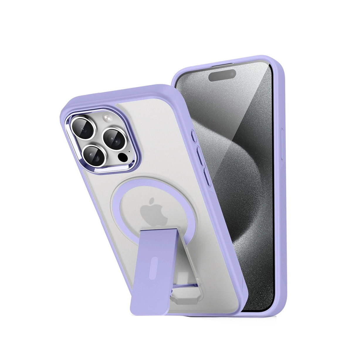 Mor iPhone kılıfı, şeffaf arka, stant ve MagSafe halkası ile.