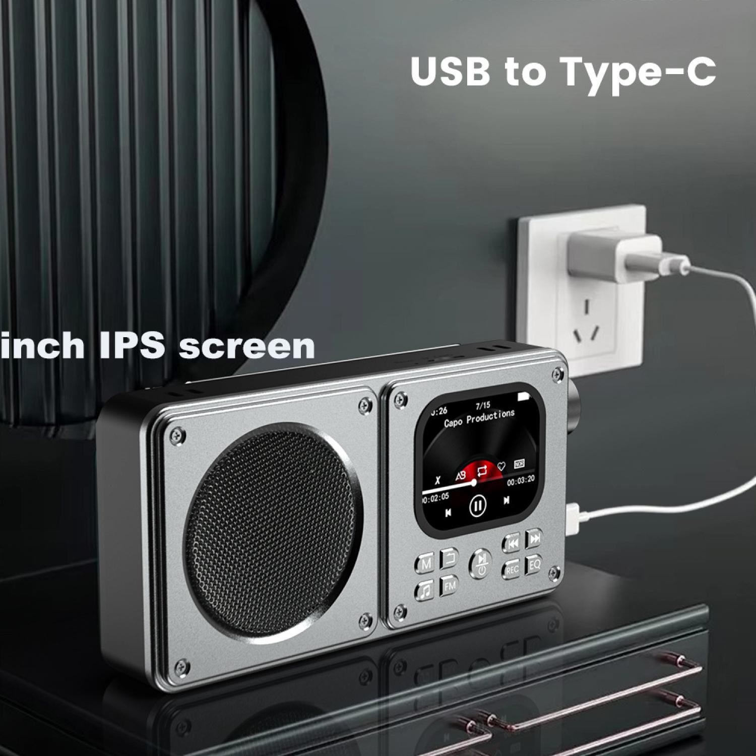 Silberner Retro-Lautsprecher mit Bildschirm, lädt über USB-C.