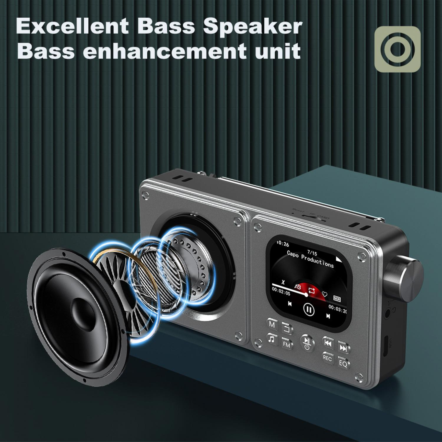 Grauer Lautsprecher mit Display, der eine Bass-Enhancement-Einheit zeigt.