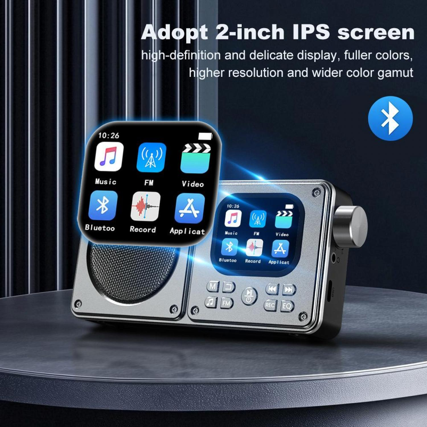 Ein silberner MP3-Player mit einem 2-Zoll-IPS-Bildschirm, der Musik, FM, Video anzeigt.