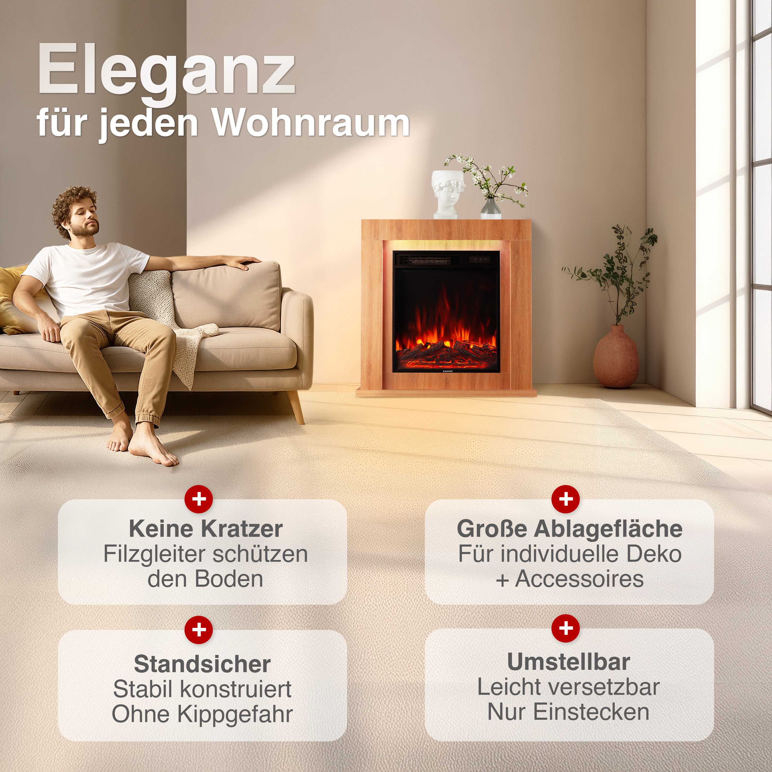 Mann entspannt auf Sofa vor Kamin. Text über Eleganz.