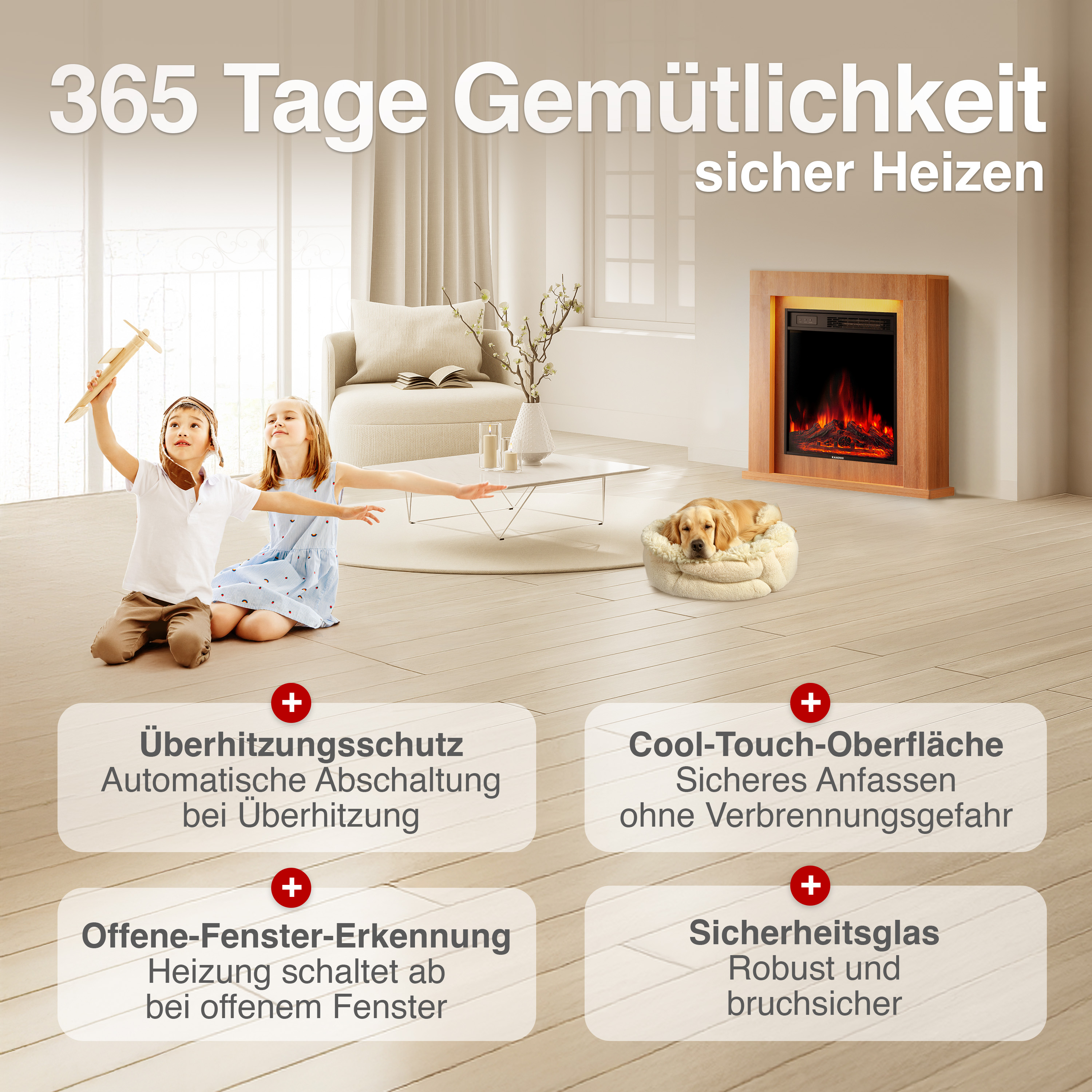 Kinder spielen, Hund schläft, Kamin heizt. Features: Überhitzungsschutz, Cool-Touch, etc.