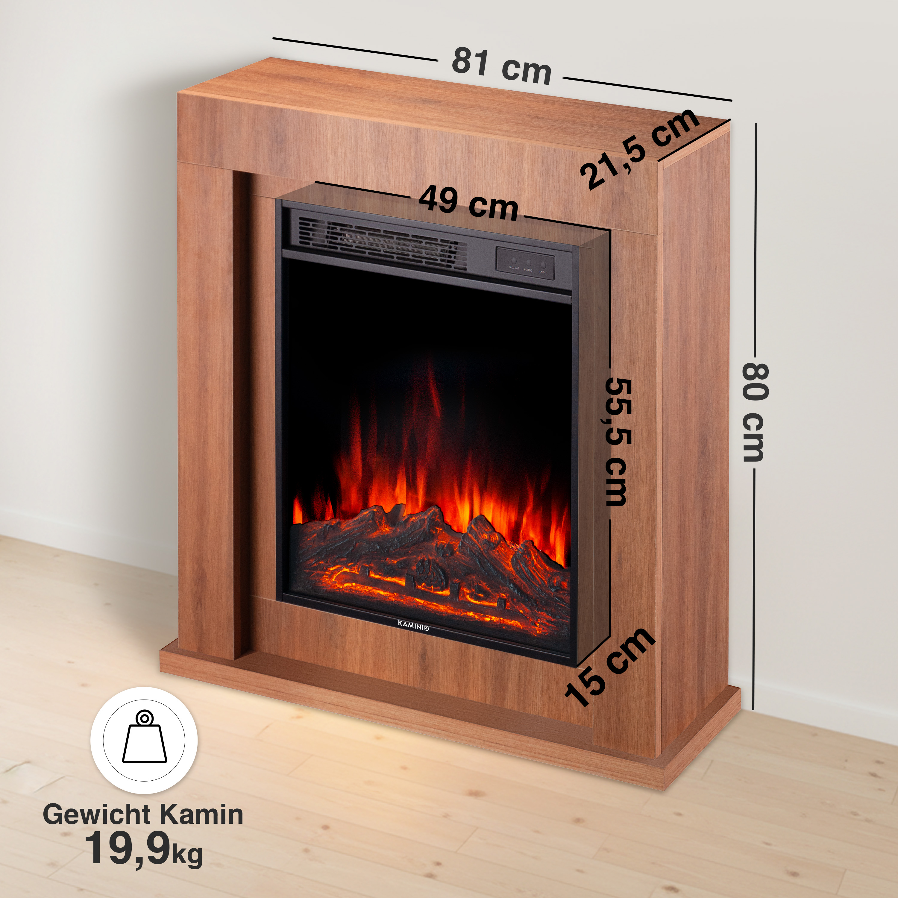 Holzrahmen-Kamin mit Flammen-Effekt. Breite 81cm, Höhe 80cm. Gewicht 19,9kg.