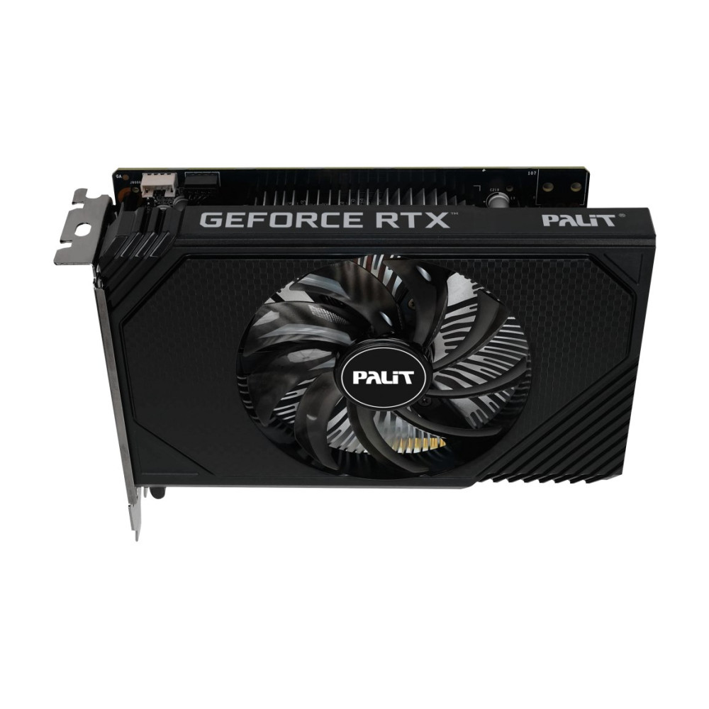 Czarna karta graficzna z wentylatorem i napisem "GeForce RTX".