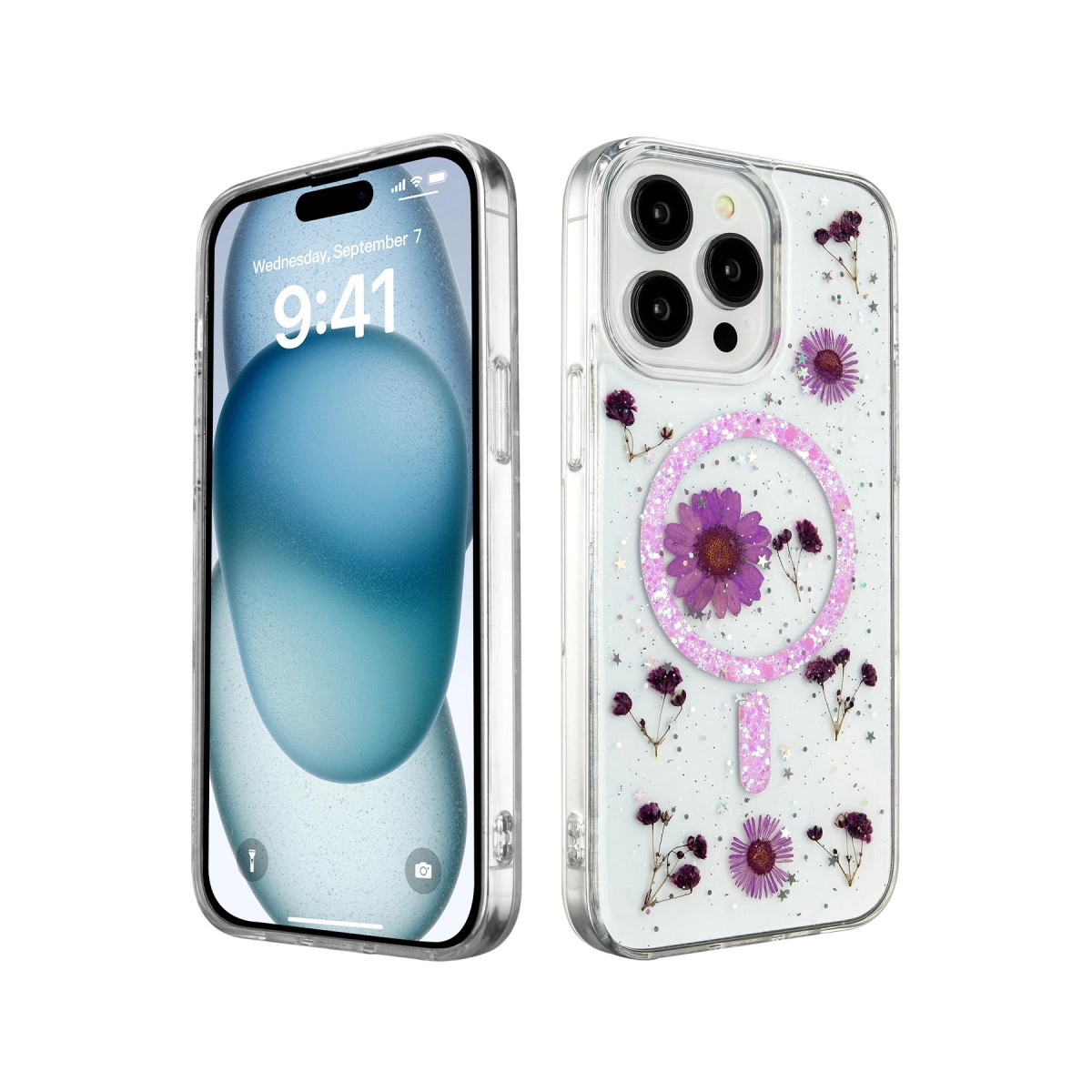Kuru çiçekli şeffaf kılıfta bir iPhone, ön ve arka görünüm.