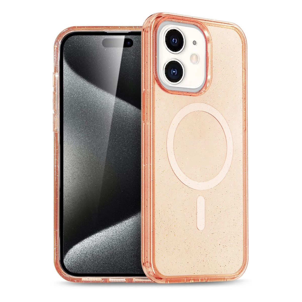 iPhone için şeffaf pembe simli telefon kılıfı.