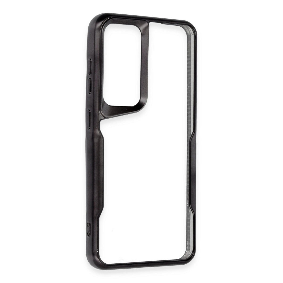 Düğme kesikleri olan şeffaf arkalı siyah telefon kılıfı.