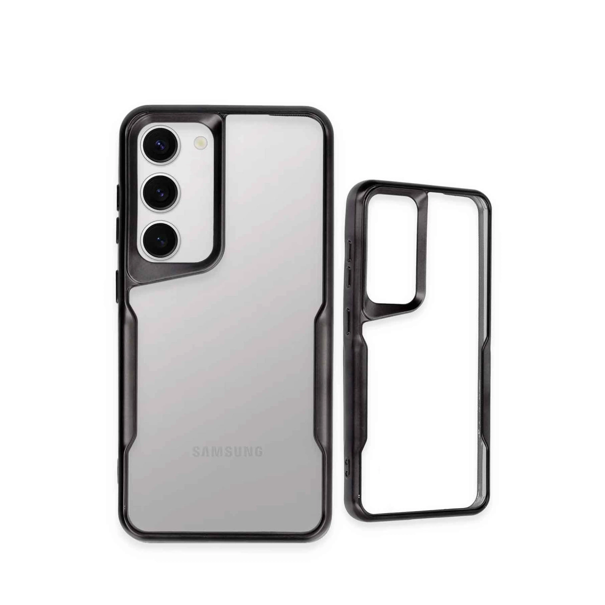 Siyah telefon kılıfı ve üç kameralı şeffaf telefon.
