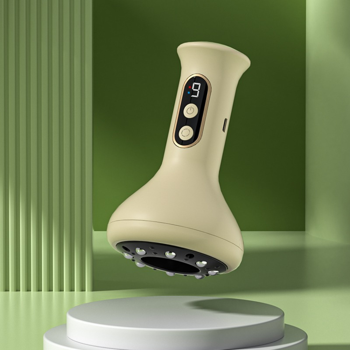 Beżowy masażer ręczny z cyfrowym wyświetlaczem i przyciskami.