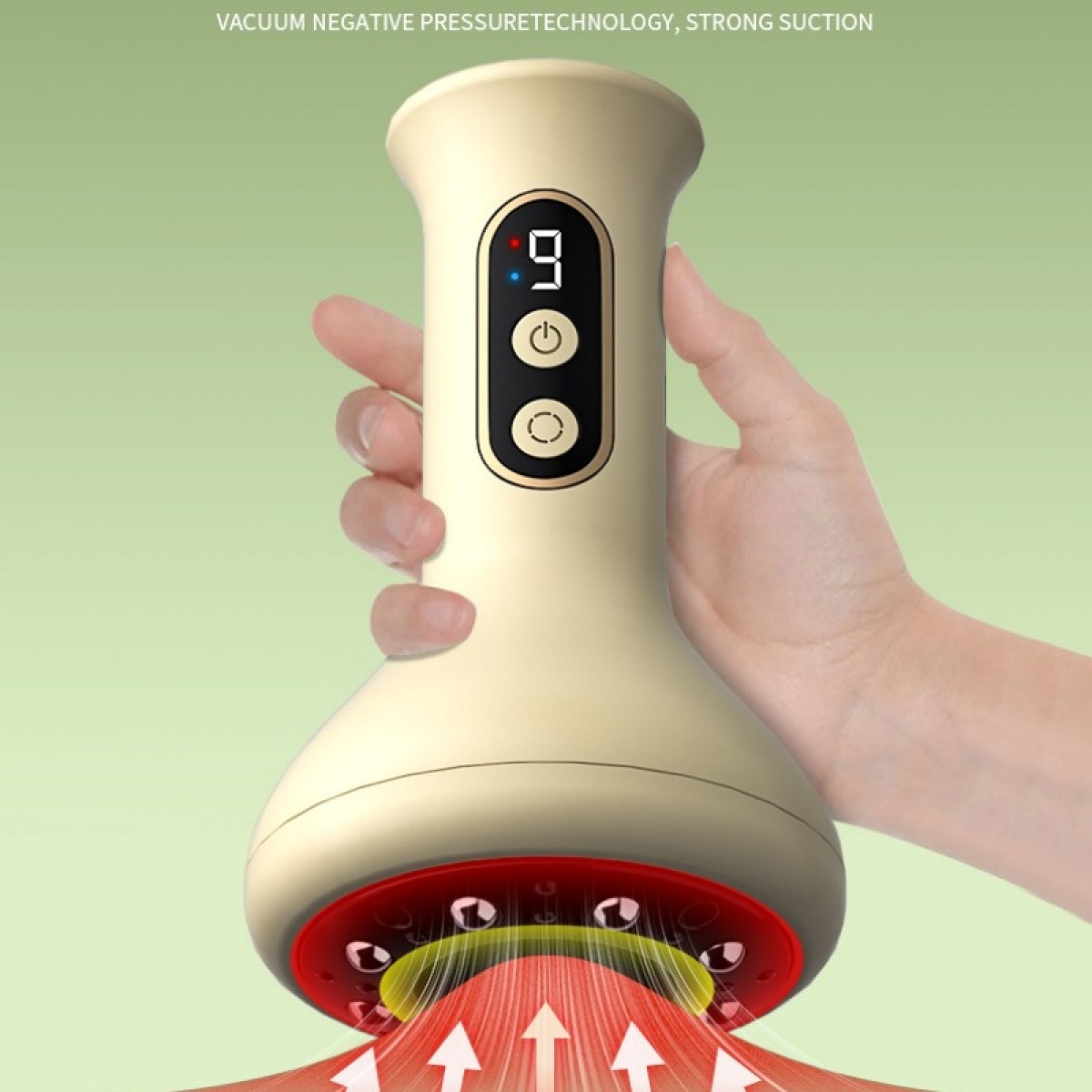 Beżowy masażer próżniowy z czerwoną głowicą ssącą trzymany w dłoni.