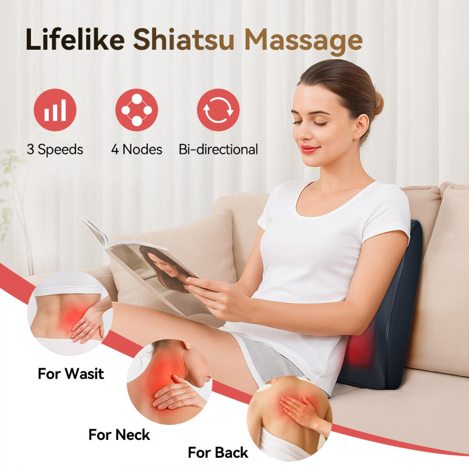 Frau liest Buch, Shiatsu-Massagegerät für Rücken, Nacken, Taille.