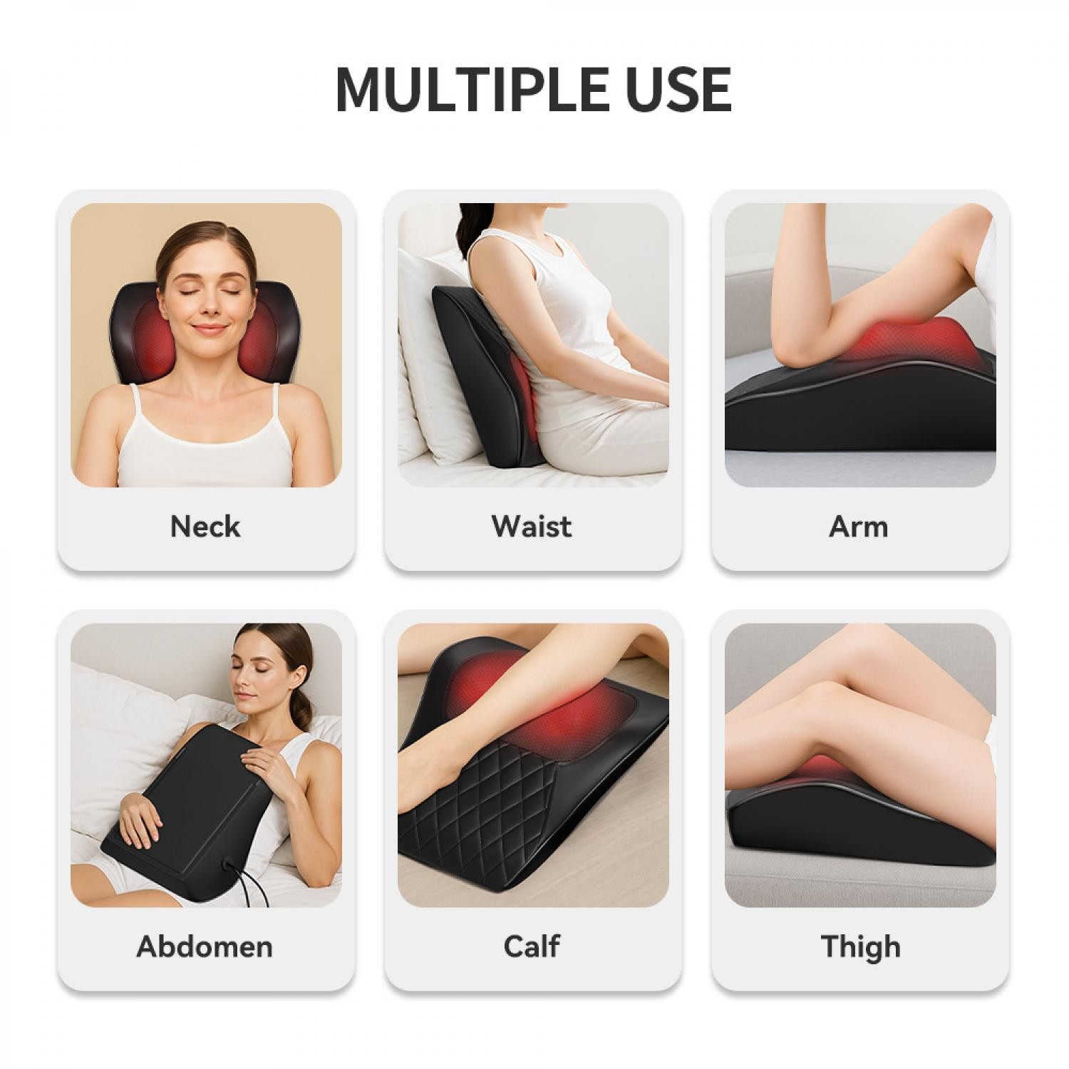 Sechs Bilder zeigen eine Massageauflage für Nacken, Taille, Arm, Bauch, Wade und Oberschenkel.
