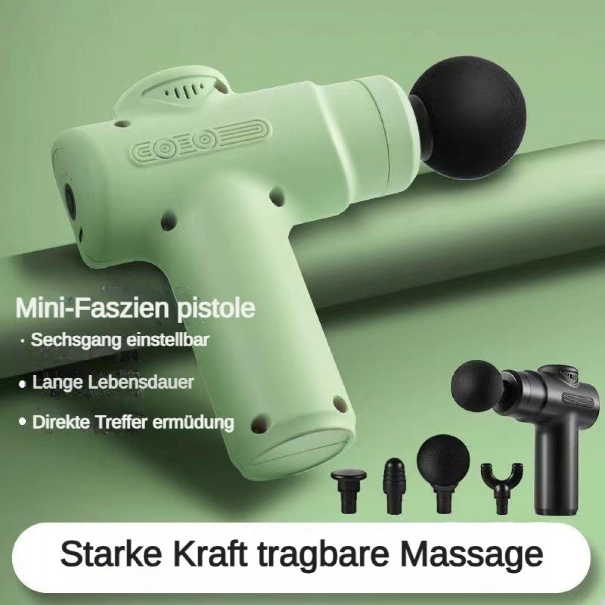 Eine grüne und eine schwarze Massagepistole mit Aufsätzen.