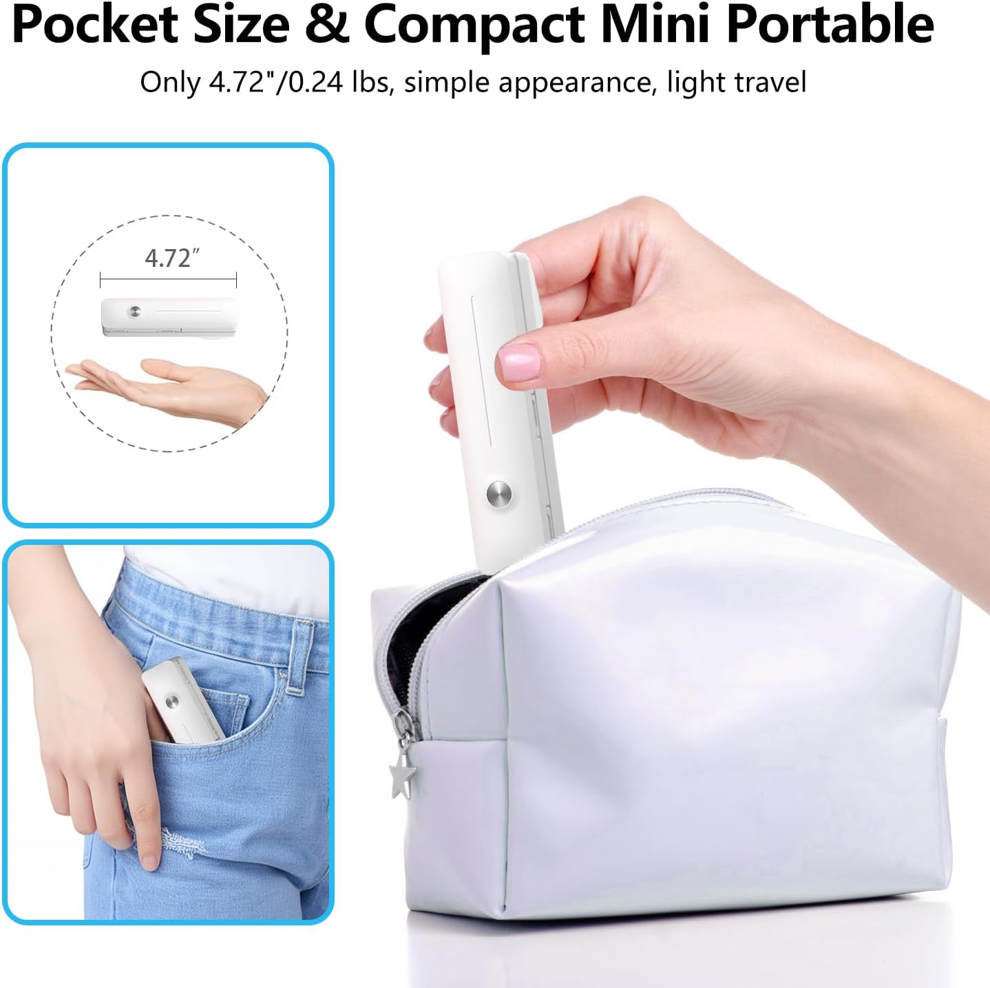 Eine Hand hält ein weißes Mini-Gerät, das in eine weiße Tasche gesteckt wird.