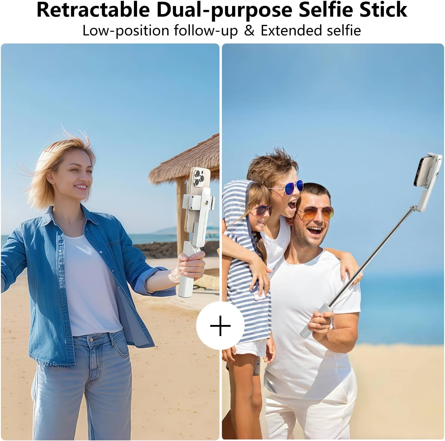 Geteilte Aufnahme: Links: Frau am Strand hält Selfie-Stick. Rechts: Familie macht Selfie.
