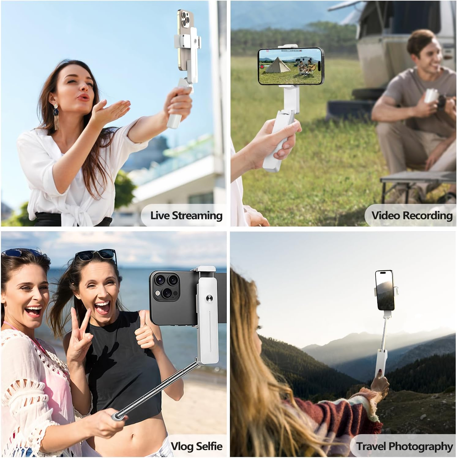 Vier Szenen: Frau live streamt, Person nimmt Video auf, zwei Frauen machen Vlog-Selfie, Frau macht Reisefotografie.