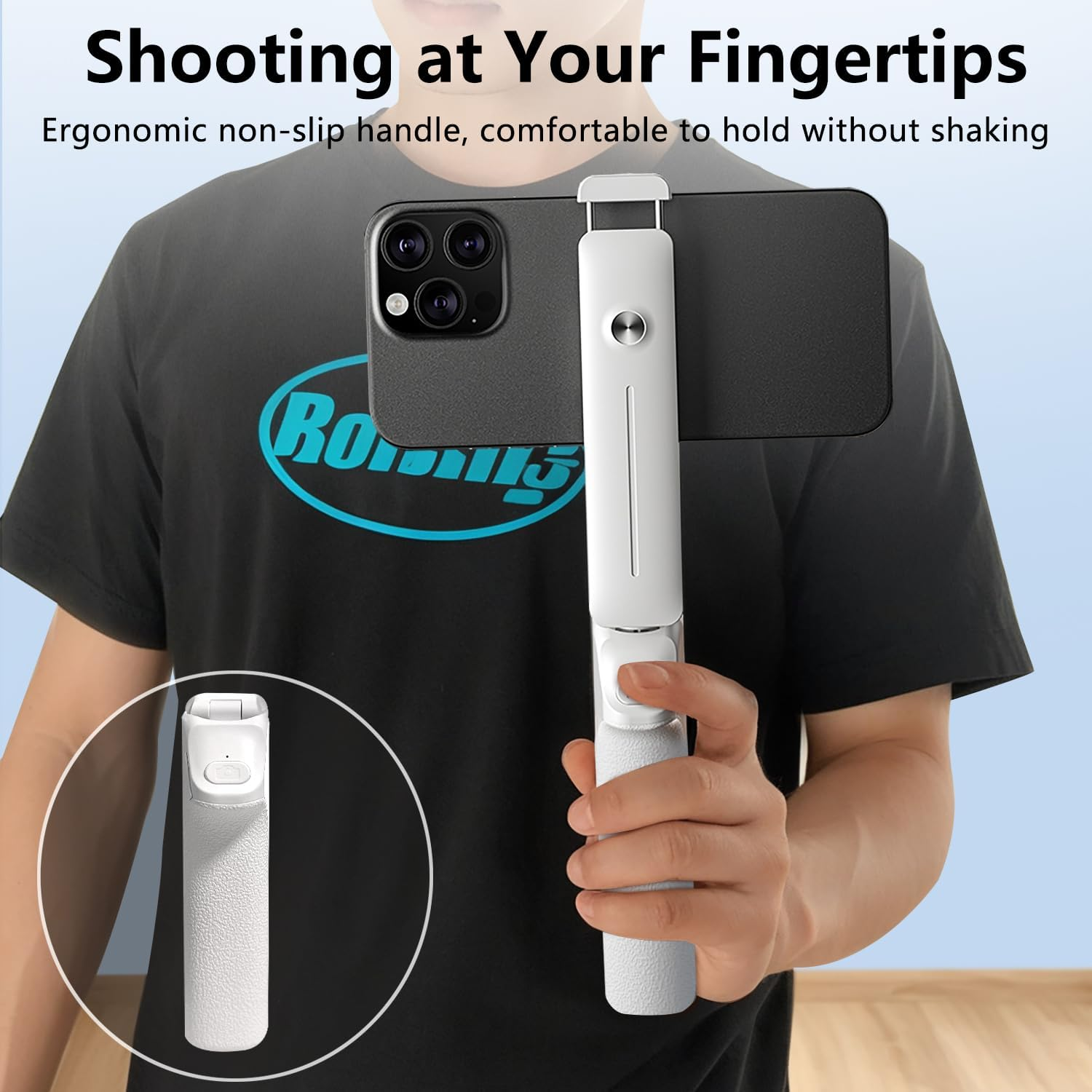 Ein weißer Handy-Gimbal-Griff mit einem Handy und vier Kameras.