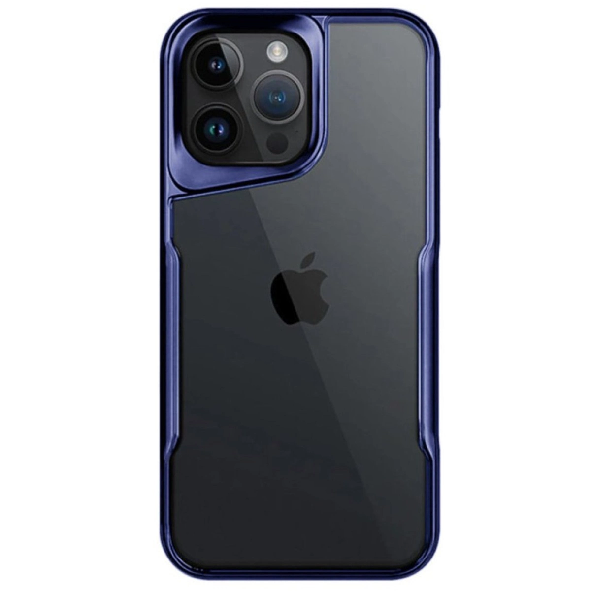 Şeffaf arka ve üçlü kameraya sahip lacivert iPhone kılıfı.