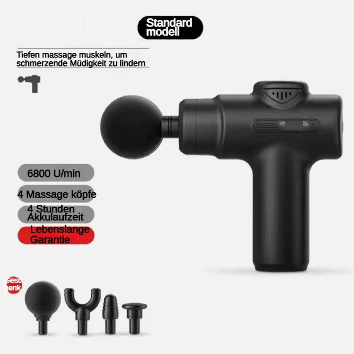 Schwarze Massagepistole mit Zubehör. 6800 U/min, 4 Köpfe, 4 Std. Laufzeit.