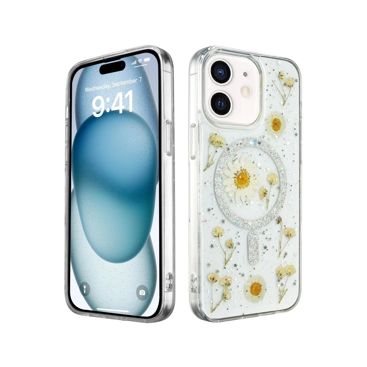 NEWFACE iPhone 12 Uyumlu Daisy Simli Magsafe Telefon Kılıfı Gümüş