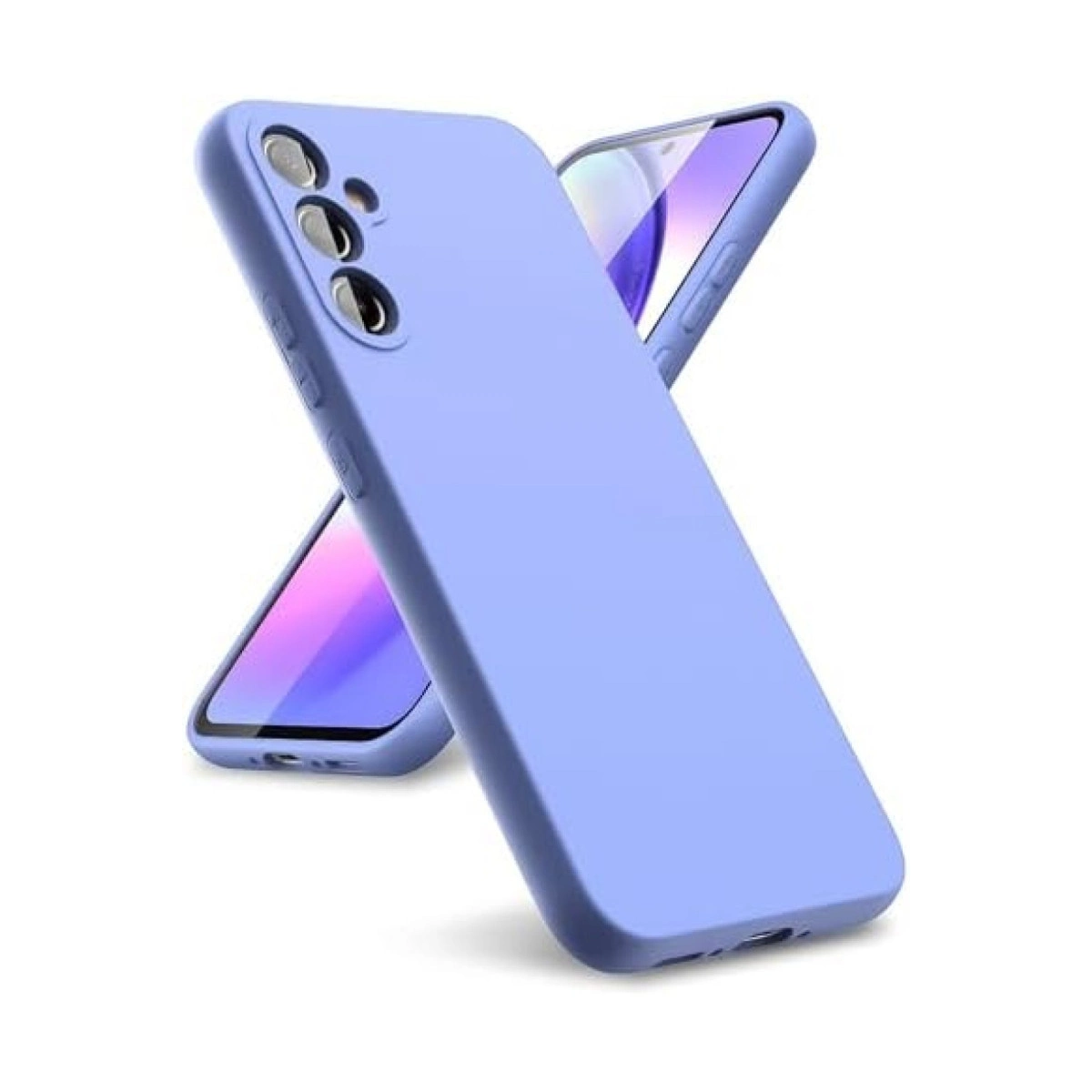 Üç kamera lensli lavanta rengi telefon kılıfı. Arkada başka bir telefon var.