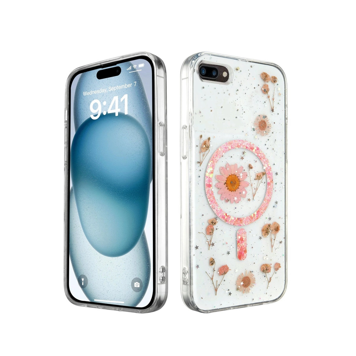 İki iPhone kılıfı: biri kilit ekranı gösteriyor, diğeri kurutulmuş çiçekli.