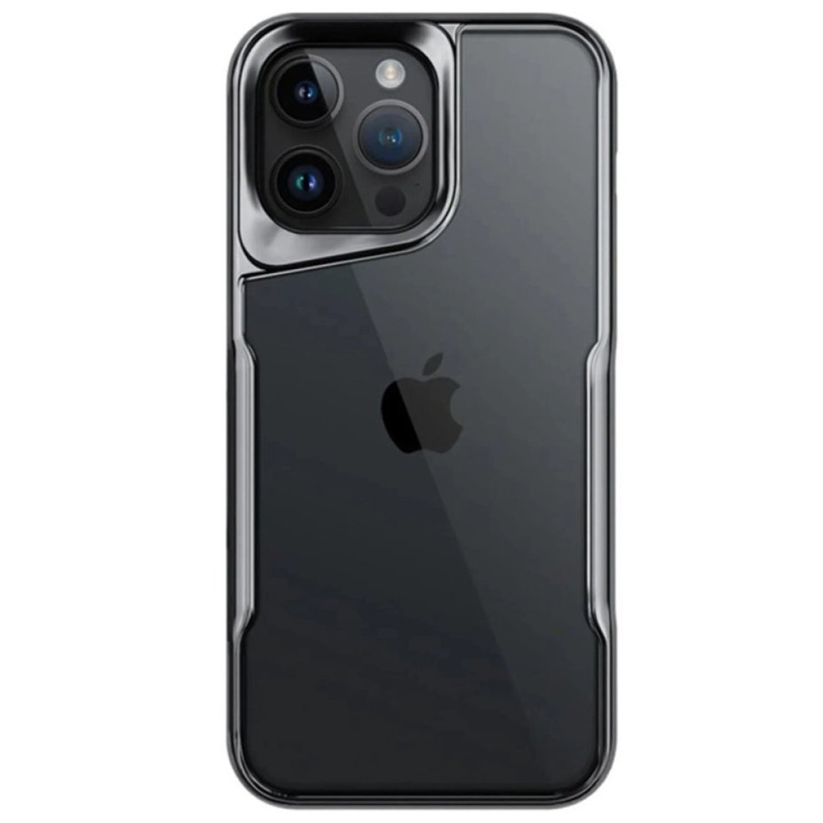 Şeffaf kılıflı koyu renkli iPhone'un arkası, Apple logosu görünüyor.