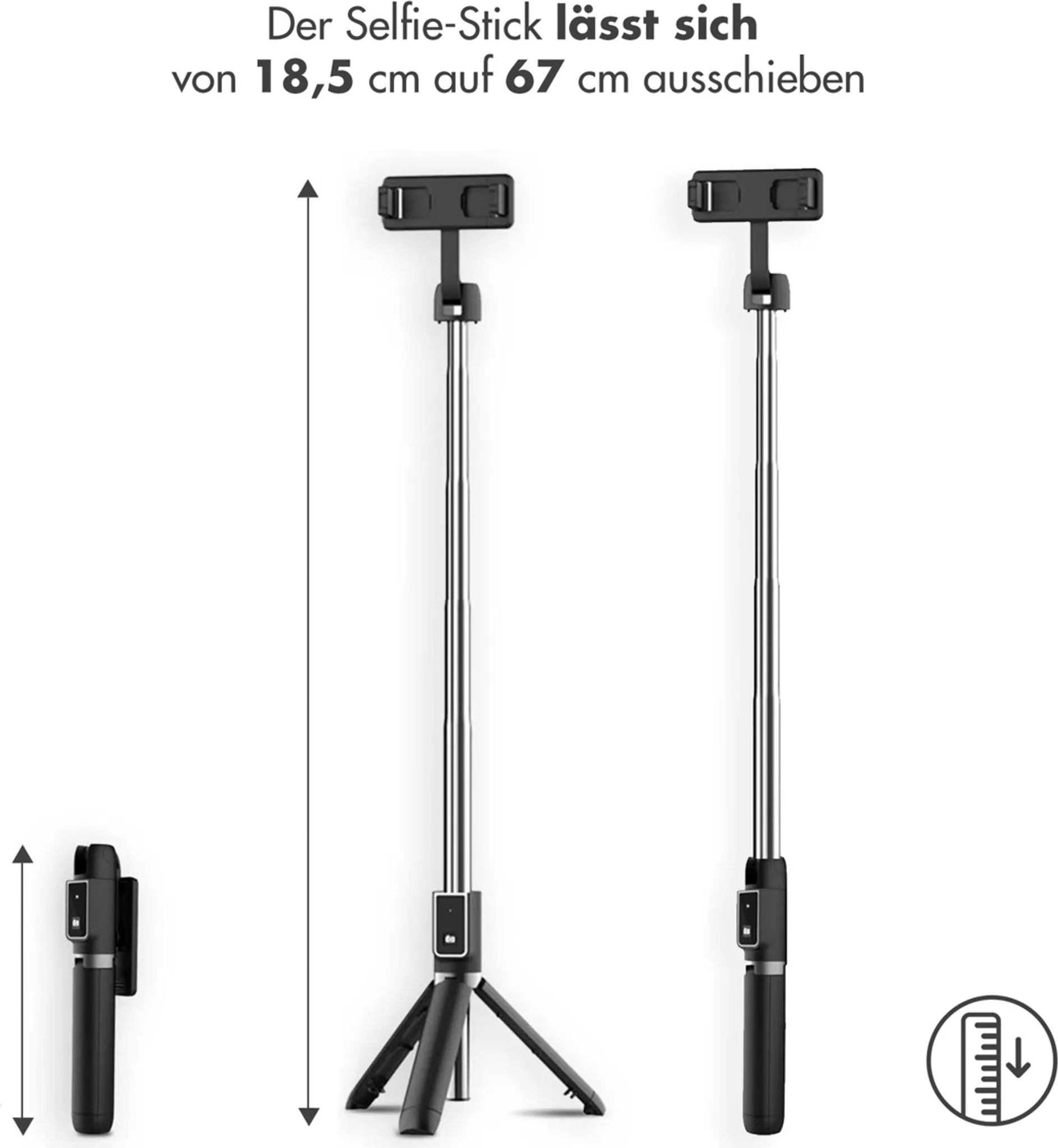 Ein Selfie-Stick in drei Positionen: zusammengeklappt, ausgefahren und mit Stativ.