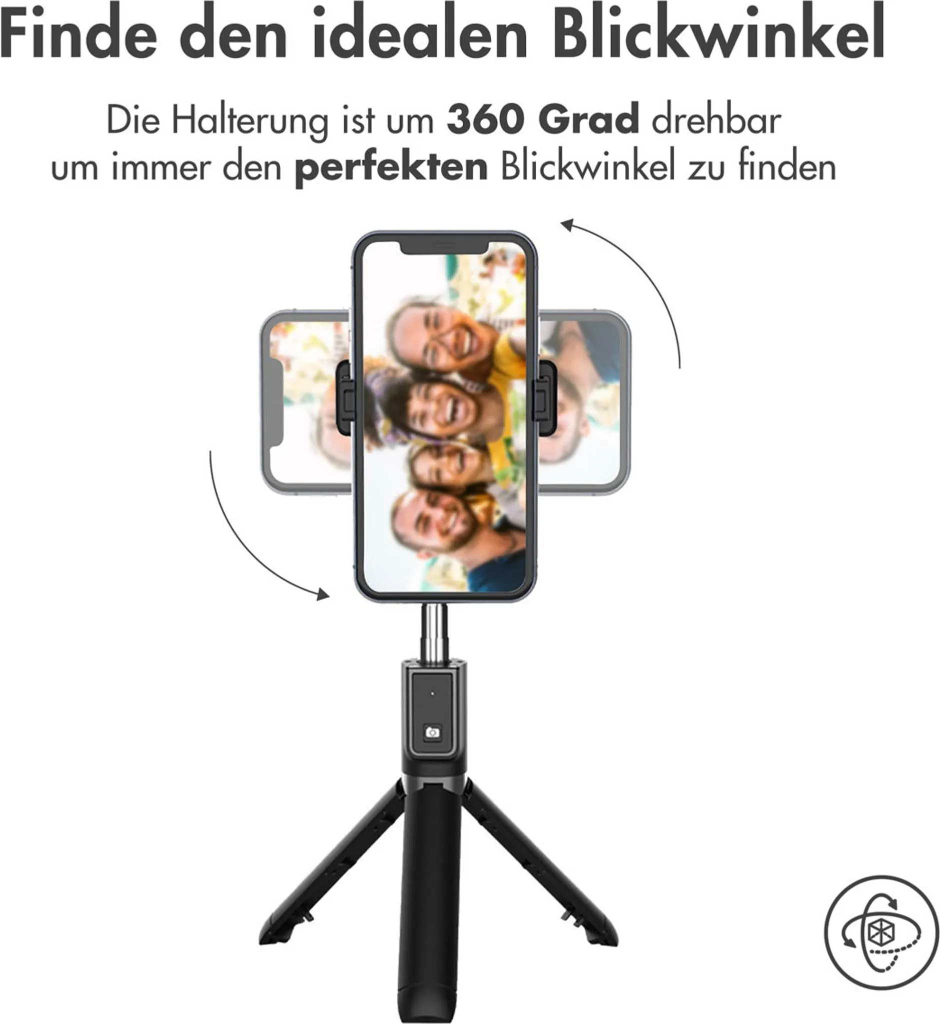 Ein Smartphone auf einem schwarzen Selfie-Stick-Stativ mit ausklappbaren Beinen.
